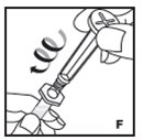 7. Remove the clear plastic plunger rod from the carton. Grasp the plunger rod by the top plate. Avoid touching the sides and threads of the plunger rod. Attach the plunger rod by turning it clockwise into the threaded rubber stopper of the prefilled syringe (F).