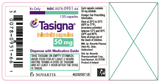 
							PRINCIPAL DISPLAY PANEL
							NDC 0078-0951-66
							120 Cápsulas
							Rx solamente
							Tasigna®
							(nilotinib) cápsulas
							50 mg
							Dispense con la Guía de Medicamentos
							NOVARTIS
							