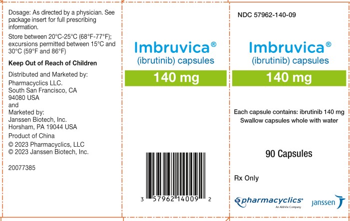 NDC 57962-140-09
Imbruvica®
(ibrutinib) cápsulas
140 mg
Cada cápsula contiene: ibrutinib 140 mg
Tragar las cápsulas enteras con agua
90 Cápsulas
Rx solamente
pharmacyclics®
Una Compañía de AbbVie
janssen
