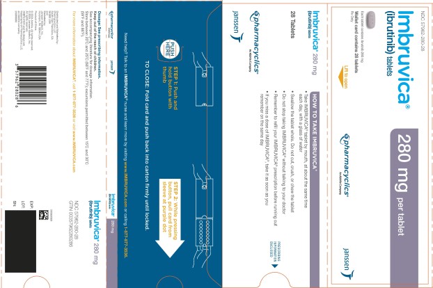PRINCIPAL DISPLAY PANEL - 28 Tablet Blister Carton
NDC 57962-280-28
Imbruvica®
(ibrutinib) tablets
280 mg per tablet
Each tablet contains ibrutinib 280 mg
Wallet card contains 28 tablets
Rx Only
pharmacyclics®
An AbbVie Company
janssen
