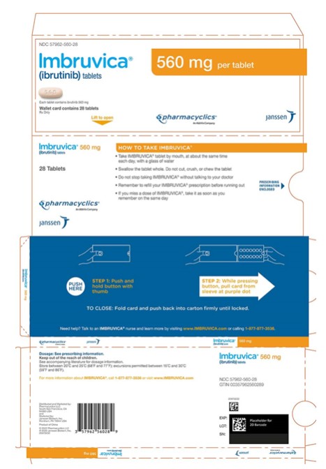 NDC 57962-560-28
Imbruvica®
(ibrutinib) tablets
560 mg per tablet
Each tablet contains ibrutinib 560 mg
Wallet card contains 28 tablets
Rx Only
pharmacyclics®
An AbbVie Company
janssen
