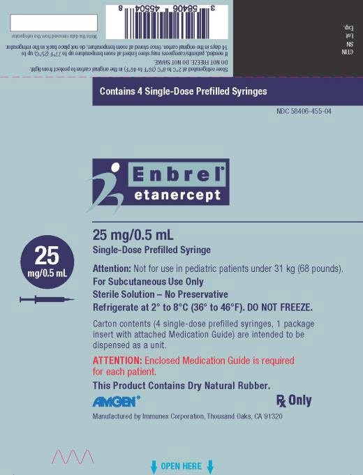 PANEL PRINCIPAL DE VISUALIZACIÓN Contiene 4 Jeringas Prefiltradas de Dosis Única NDC 58406-455-04 Enbrel® etanercept 25 mg/0.5 mL Jeringa Prefiltrada de Dosis Única 25 mg/0.5 mL Atención: No usar en pacientes pediátricos menores de 31 kg (68 libras). Solo para uso subcutáneo Solución estéril - Sin conservante Refrigerar a 2° a 8°C (36° a 46°F). NO CONGELAR. El contenido del cartón (4 jeringas precargadas de dosis única, 1 folleto con la Guía de Medicamentos adjunta) está destinado a ser despachado como una unidad. ATENCIÓN: La Guía de Medicamentos adjunta es obligatoria para cada paciente. Este producto contiene caucho natural seco. AMGEN® Receta médica únicamente Fabricado por Immunex Corporation, Thousand Oaks, CA 91320