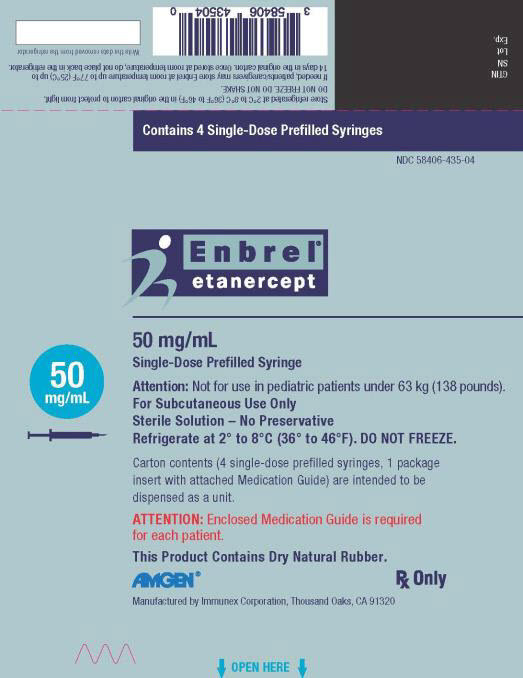 PANEL PRINCIPAL DE VISUALIZACIÓN Contiene 4 Jeringas Prellenadas de Dosis Única NDC 58406-455-04 Enbrel® etanercept 25 mg/0.5 mL Jeringa Prellenada de Dosis Única 25 mg/0.5 mL Atención: No usar en pacientes pediátricos menores de 31 kg (68 libras). Solo para uso subcutáneo Solución estéril – Sin conservante Refrigerar a 2° a 8°C (36° a 46°F). NO CONGELAR. El contenido del cartón (4 jeringas prellenadas de dosis única, 1 folleto informativo con la Guía de Medicamentos adjunta) está destinado a ser dispensado como una unidad. ATENCIÓN: La Guía de Medicamentos adjunta es necesaria para cada paciente. Este producto contiene caucho natural seco. AMGEN® Receta médica únicamente Fabricado por Immunex Corporation, Thousand Oaks, CA 91320