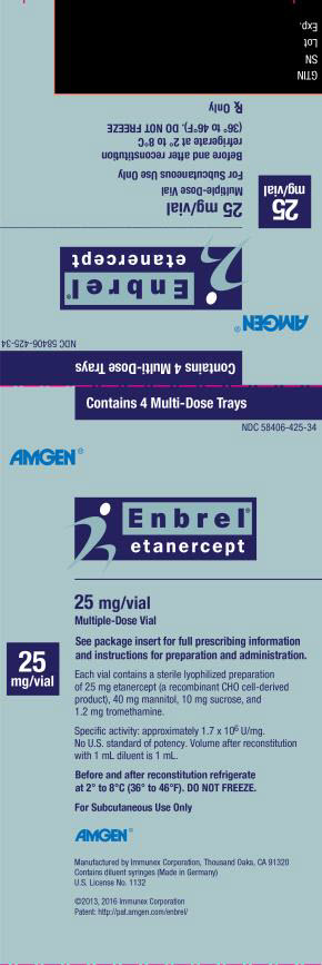 PANEL PRINCIPAL DE VISUALIZACIÓN Contiene 4 bandejas de dosis múltiples NDC 58406-425-34 AMGEN® Enbrel® etanercept 25 mg/vial Vial de dosis múltiples Consulte el prospecto para obtener información completa sobre la prescripción e instrucciones para la preparación y administración. 25 mg/vial Cada vial contiene una preparación liofilizada estéril de 25 mg de etanercept (un producto derivado de células CHO recombinantes), 40 mg de manitol, 10 mg de sacarosa y 1,2 mg de trometamina. Actividad específica: aproximadamente 1,7 x 106 U/mg. No hay un estándar de potencia de EE. UU. Volumen después de la reconstitución con 1 mL de diluyente es 1 mL. Antes y después de la reconstitución, refrigerar a 2° a 8°C (36° a 46°F). NO CONGELAR. Solo para uso subcutáneo AMGEN® Fabricado por Immunex Corporation, Thousand Oaks, CA 91320 Contiene jeringas de diluyente (Hecho en Alemania) Licencia de EE. UU. No. 1132 ©2013, 2016 Immunex Corporation Patente: http://pat.amgen.com/enbrel/