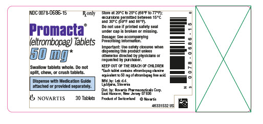 NDC 0078-0686-15
								Rx only
								Promacta®
								(eltrombopag) Tablets
								50 mg*
								Swallow tablets whole. Do not split, chew, or crush tablets.
								Dispense with Medication Guide attached or provided separately.
								NOVARTIS
								30 Tablets
							