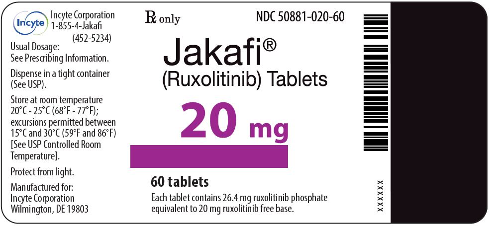 Etiqueta de botella de 60 tabletas de Jakafi (Ruxolitinib) de 20 mg