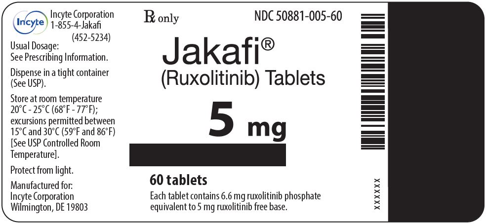 Etiqueta de botella de 60 tabletas de Jakafi (Ruxolitinib) de 5 mg