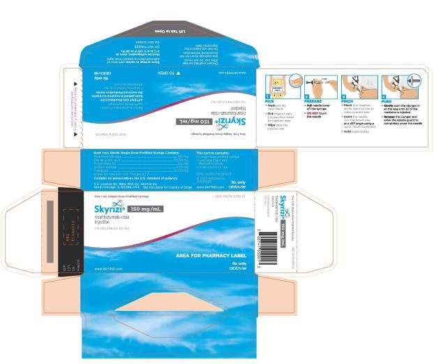 NDC 0074-1050-01
Una jeringa precargada de dosis única de 1 mL
Skyrizi® 150 mg/mL
risankizumab-rzaa 
inyección 
SOLO PARA USO SUBCUTÁNEO
Devolver a la farmacia si las perforaciones del cartón están rotas.
Todo este cartón se dispensa como una unidad.
ÁREA PARA LA ETIQUETA DE LA FARMACIA
www.SKYRIZI.com
Solo con receta médica
Abbvie
