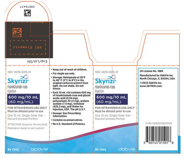 NDC 0074-5015-01 
Skyrizi®
risankizumab-rzaa Injection 
600 mg/10 mL
(60 mg/mL)
SOLO PARA USO INTRAVENOSO 
Debe diluirse antes de su uso
Un frasco de dosis única de 10 mL -
Desechar la porción no utilizada
Atención: Entregar la Guía de Medicación adjunta a cada paciente.
Sólo con receta médica
abbvie

