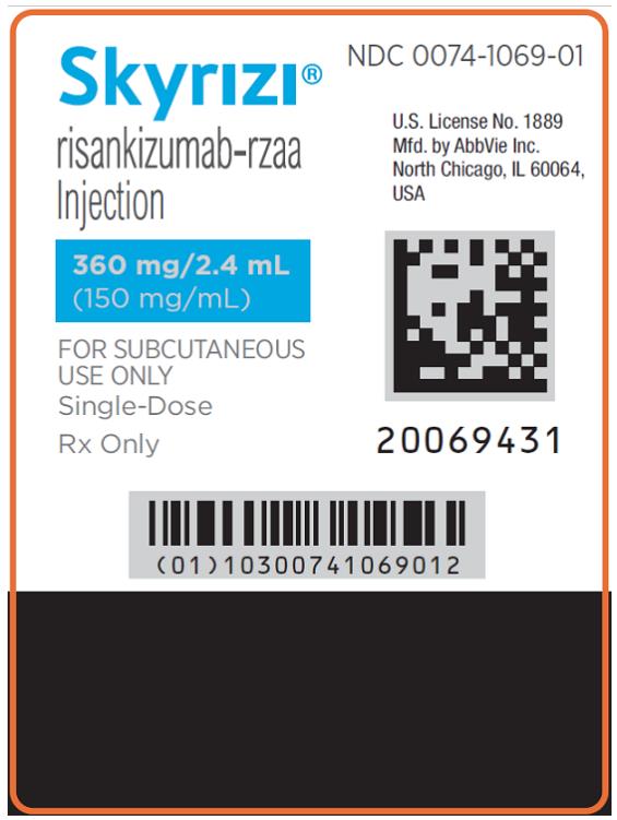 NDC 0074-1069-01
Skyrizi®
Risankizumab-rzaa
Inyección
360 mg/2.4 mL
(150 mg/mL)
SOLO PARA USO SUBCUTÁNEO
Dosis única
Rx solamente

