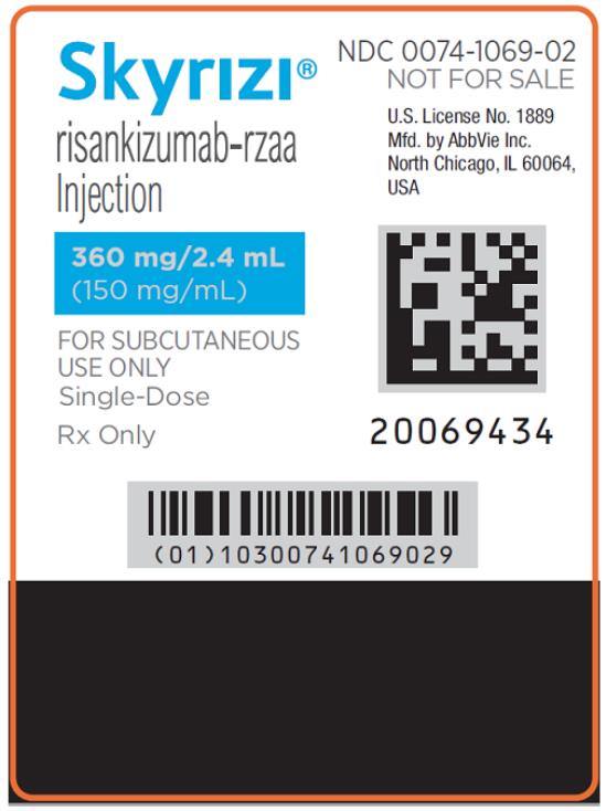 NDC 0074-1069-02
NO SE VENDE
Skyrizi®
Risankizumab-rzaa
Inyección
360 mg/2.4 mL
(150 mg/mL)
SOLO PARA USO SUBCUTÁNEO
Dosis única
Rx Only
