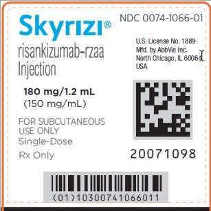 NDC 0074-1066-01
Skyrizi®
Risankizumab-rzaa
Inyección
180 mg/1,2 mL
(150 mg/mL)
SOLO PARA USO SUBCUTÁNEO
Dosis única
Sólo con receta

