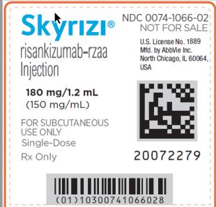 NDC 0074-1066-02
NO VENTA
Skyrizi®
Risankizumab-rzaa
Inyección
180 mg/1,2 mL
(150 mg/mL)
SOLO PARA USO SUBCUTÁNEO
Dosis única
Rx solo
