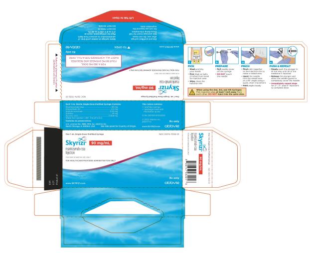 NDC 0074-7032-01
Skyrizi® 90 mg/mL
risankizumab-rzaa
Injection
For Subcutaneous Use Only
FOR HEALTHCARE PROVIDER ADMINISTRATION ONLY

FOR A 350 MG DOES,
FOUR 90 MG SYRINGES ARE REQUIRED,
INJECT ALL 4 SYRINGES FOR A FULL DOSE
www.SKYRIZI.com
Rx Only
abbvie
