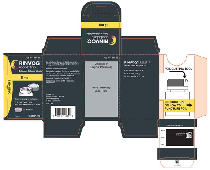 NDC 0074-2306-30 
RINVOQ™
upadacitinib 
Extended-Release Tablets 15 mg
Dispense in original packaging 
FLIP CAP TO CUT FOIL 
PEEL BACK FOR INSTRUCTIONS 
30 Tablets 
Rx only 
abbvie 
