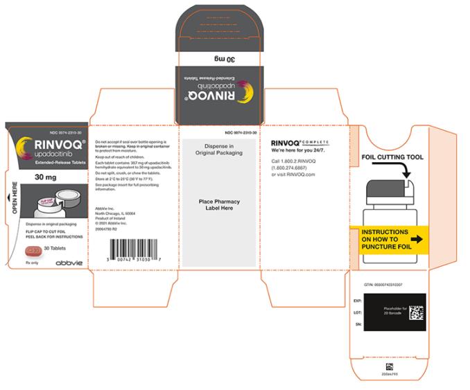 NDC 0074-2310-30 
RINVOQ®
upadacitinib 
Comprimidos de liberación prolongada
30 mg
Dispensar en el envase original 
GIRE LA TAPA PARA CORTAR LA Lámina 
DESPEGUE PARA VER LAS INSTRUCCIONES 
30 Comprimidos 
Sólo con receta médica 
abbvie
