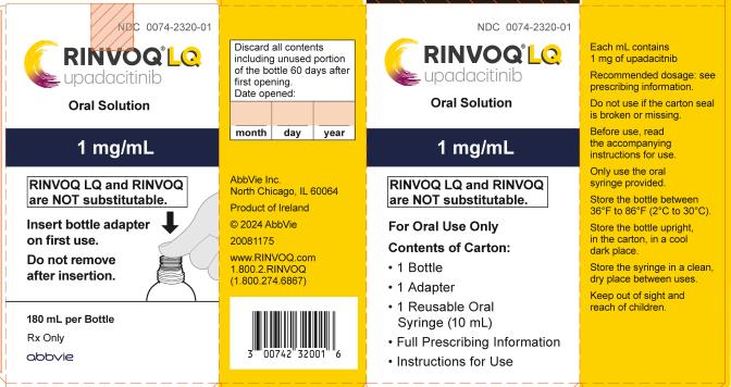 NDC 0074-2320-01 
RINVOQ®LQ
upadacitinib
Solución oral

1 mg/mL

RINVOQ LQ y RINVOQ
no son sustituibles.

Inserte el adaptador de la botella
en el primer uso.

No retire
tras la inserción.

180 mL por botella
Sólo con receta
abbvie
